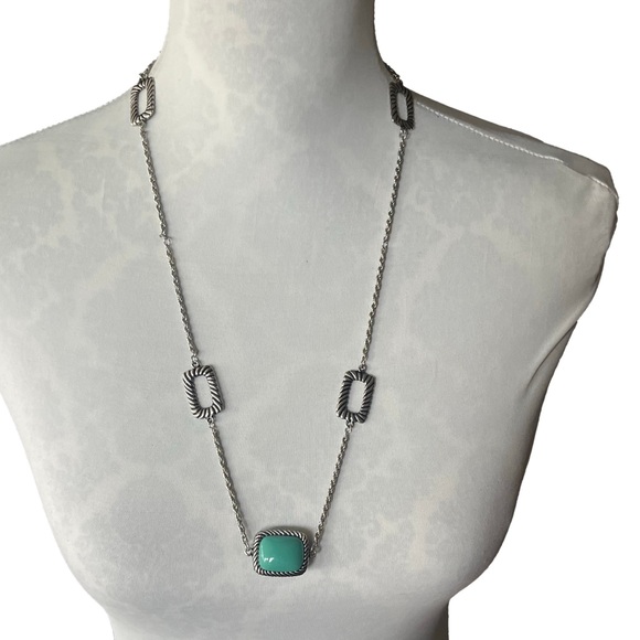 Jewelry - Silver Tone Long Station Necklace with Turquoise Square Pendant